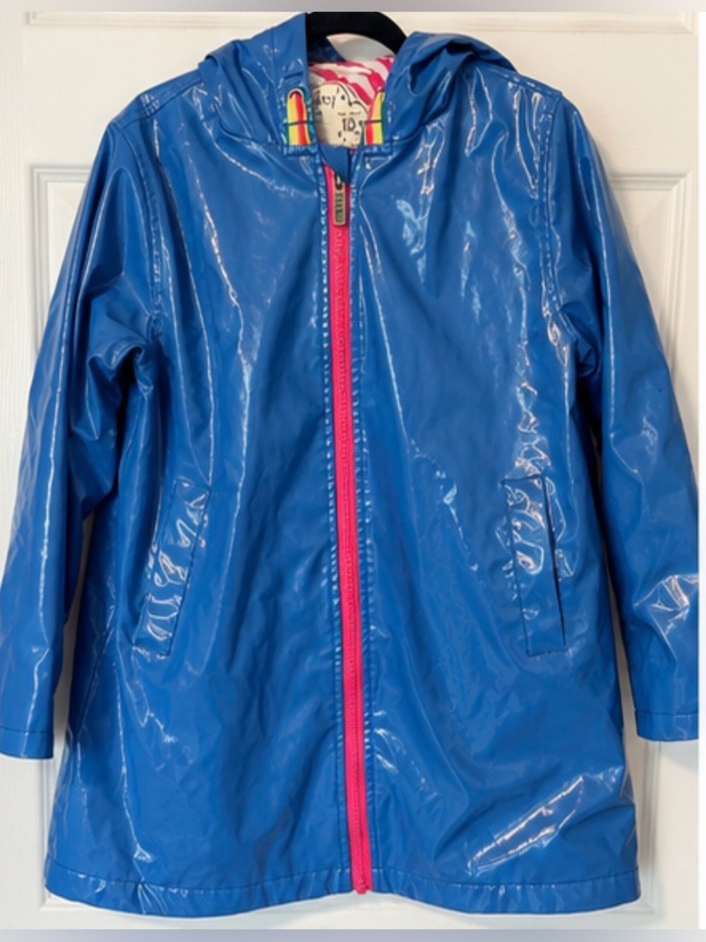 Hatley Glossy Blue Raincoat with Pink Zipper